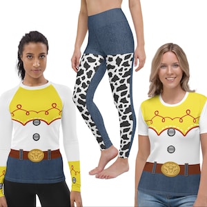 May include: Two women wearing a white and yellow long-sleeved shirt and a white and yellow short-sleeved shirt with a denim and cow print design. Both shirts feature a red and yellow design with a sheriff's star and the text "Sheriff".