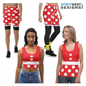 May include: Three different styles of clothing featuring a red and white polka dot pattern with a white band and two white circles. The clothing includes a pair of shorts, leggings, and a tank top.