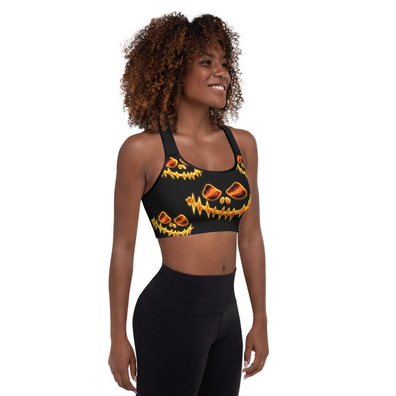 Halloween Evil Pumpkin Face Racerback Sports Bra Padded or