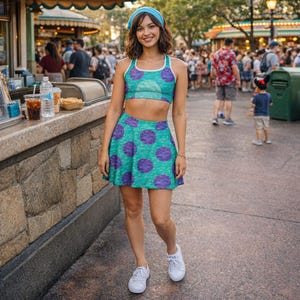 May include: A two-piece outfit featuring a teal crop top and a matching skater skirt, both adorned with large purple polka dots. The top has a white trim, and the skirt flares out. The outfit is paired with a blue headband and white sneakers.