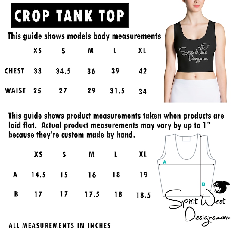 Op de afbeelding: Maattabel voor een crop tanktop met maten in inches. De tabel toont borst- en taillematen voor de maten XS, S, M, L en XL. Het toont ook de lengte en breedte van de tanktop in inches.