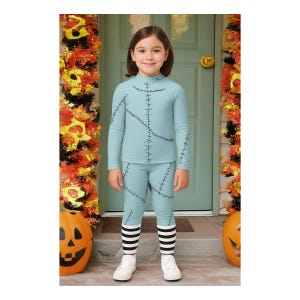 Kid's Zombie Ragdoll Costume Nightmare Sally Halloween Christmas Cosplay Patchwork Stitches Gymnastics Dance Long Sleeve Swim Shirt Leggings