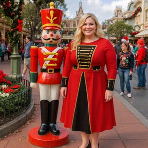 May include: A woman in a red dress with black and gold trim stands next to a large, decorative nutcracker soldier. The dress has long sleeves and a military-style design. The nutcracker is red, white, and black.