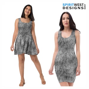 May include: Two women wearing sleeveless dresses with a gray and white animal print pattern. The dress on the left is a skater style dress and the dress on the right is a fitted dress.