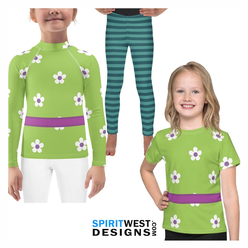 May include: A green and white long-sleeve shirt with a purple belt and a white flower pattern. A green and white short-sleeve shirt with a purple belt and a white flower pattern. A pair of teal and white striped leggings.