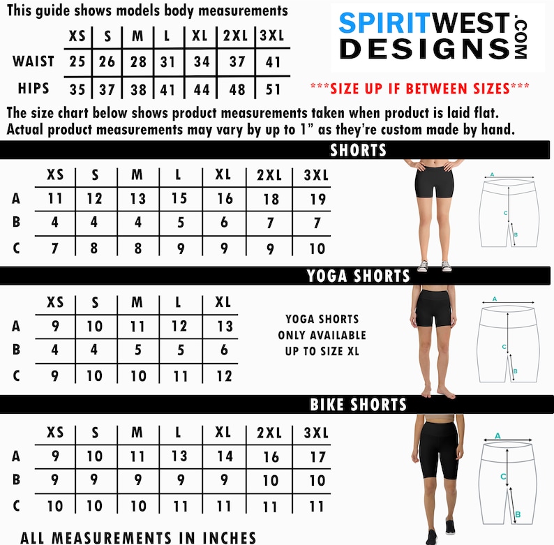 May include: Size chart for shorts, yoga shorts, and bike shorts. The chart shows measurements in inches for waist and hips in sizes XS to 3XL.  The chart also shows measurements for the inseam of the shorts in sizes XS to 3XL.  The text reads "This guide shows models body measurements", "Spiritwest Designs", "Size up if between sizes", "Shorts", "Yoga Shorts", "Bike Shorts", and "All measurements in inches".