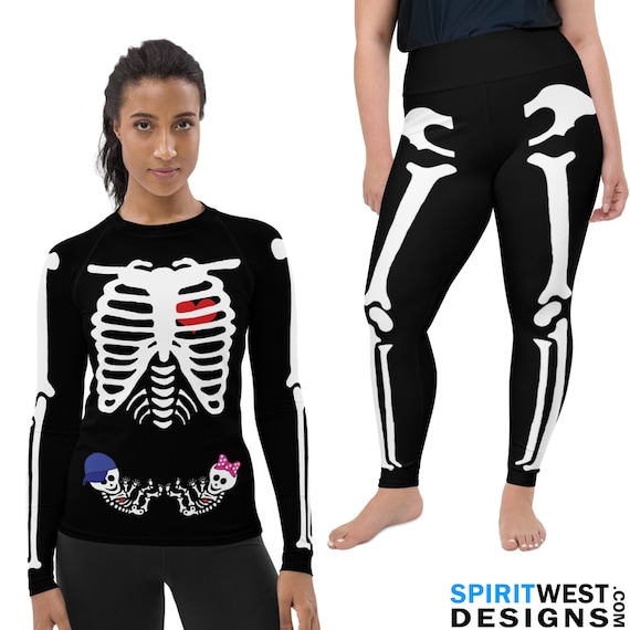 Pregnant Skeleton Twins Baby Boy & Girl Halloween Costume Cosplay Shower  Mothers Day Gift Rash Guard Leggings Plus Size Baby Bump Bones 