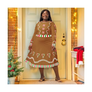 Plus Size Dress 2XS - 6XL Gingerbread Costume Ginger Man Ugly Christmas Long Sleeve Pocket Dance Party Cookie Baking Holiday Baker Cook Gift
