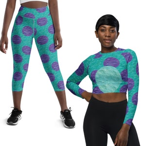 Monster Costume Sully Blue Fur Print Halloween Cosplay Dress up Plus Size Leggings Dance Long Sleeve Crop Top High Waist Capris Bike Shorts