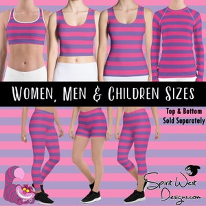 May include: Pink and purple striped athletic wear for women, men, and children. The image shows a crop top, tank top, long-sleeve shirt, leggings, shorts, and capris. The text "Women, Men & Children Sizes" and "Top & Bottom Sold Separately" is visible in the image.
