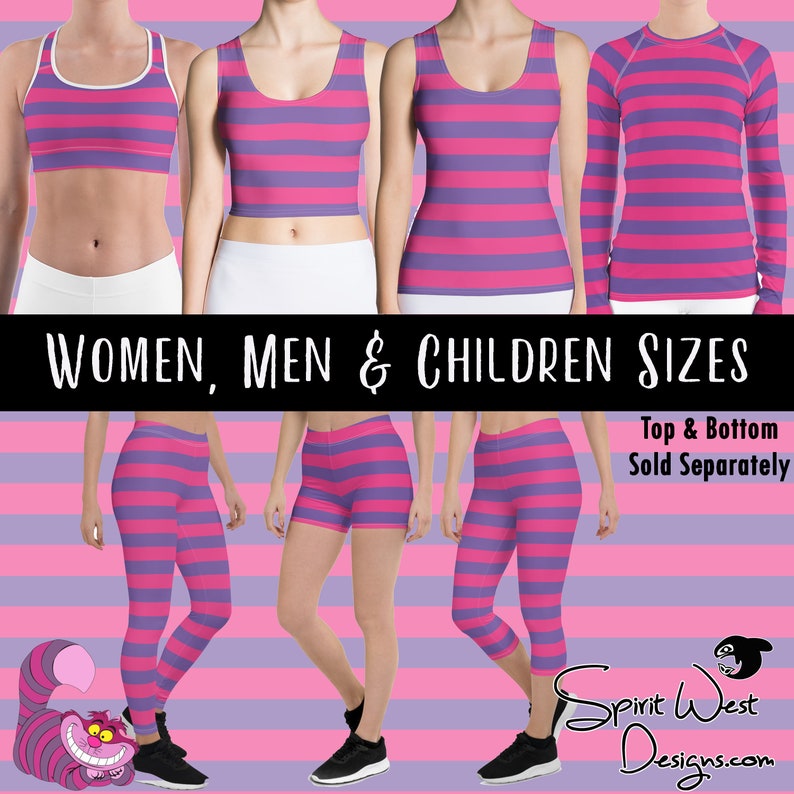 May include: Pink and purple striped athletic wear for women, men, and children. The image shows a crop top, tank top, long-sleeve shirt, leggings, shorts, and capris. The text "Women, Men & Children Sizes" and "Top & Bottom Sold Separately" is visible in the image.