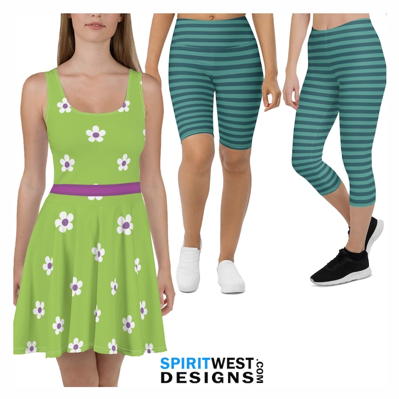 May include: Three different clothing items featuring a green and white floral pattern. A green dress with a purple belt, green and white striped leggings, and green and white striped bike shorts.