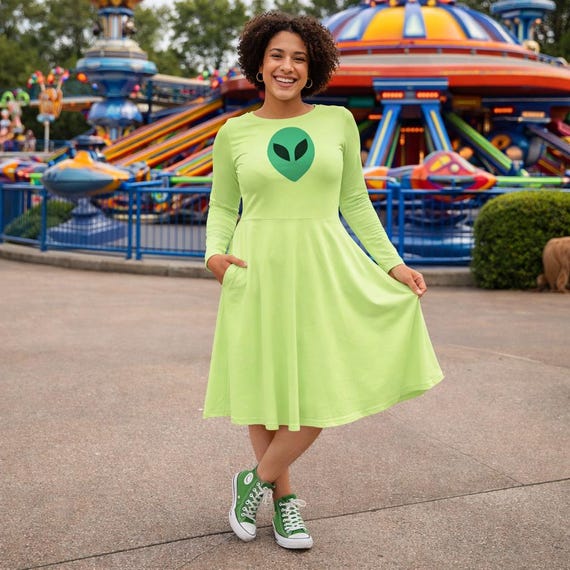 Elio Costume 2XS - 6XL Green Alien Pocket Dress Long Sleeve Knee Length Dance Party Plus Size Halloween Cosplay Bounding Cartoon Movie Gift