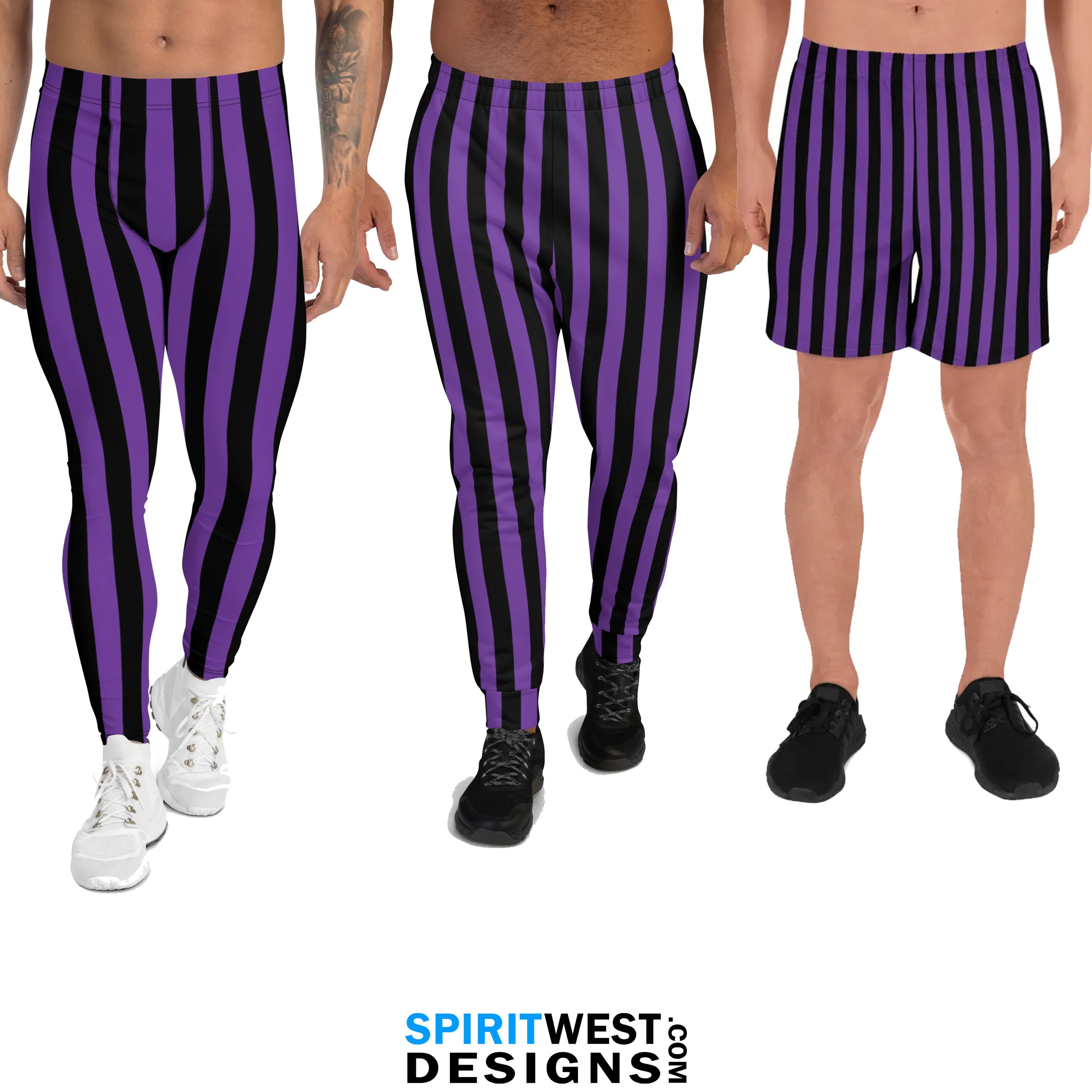 Black and Violet Striped Leggings Joggers Shorts Men's Pirate Costume Pants Meggings Cosplay Running Workout Jogging Sweat pants Activewear