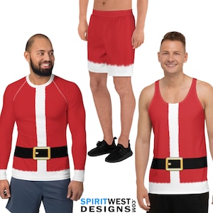 May include: Three different styles of Santa Claus themed athletic wear. A long-sleeved shirt, a tank top, and a pair of shorts. All feature a red and white color scheme with a black belt and white trim.