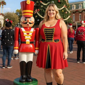 May include: A woman in a red dress with black and gold accents stands next to a large wooden nutcracker statue. The nutcracker is red, white, and black with a large mustache. A Christmas tree is in the background.