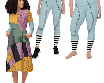 Nightmare Sally Costume Halloween Christmas Long Sleeve Pocket Dress Cosplay Zombie Ragdoll Dance Running Plus Size Leggings Shorts Capris