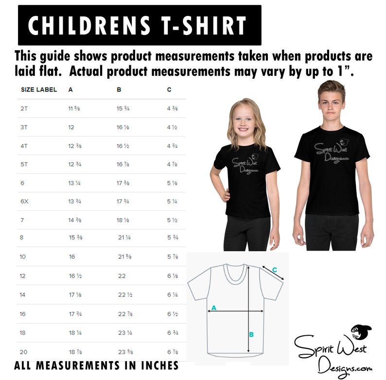 May include: A size chart for children's t-shirts with measurements in inches. The chart shows the size label, chest width, length, and sleeve length for sizes 2T through 20. The chart is accompanied by a diagram of a t-shirt with the measurements labeled.