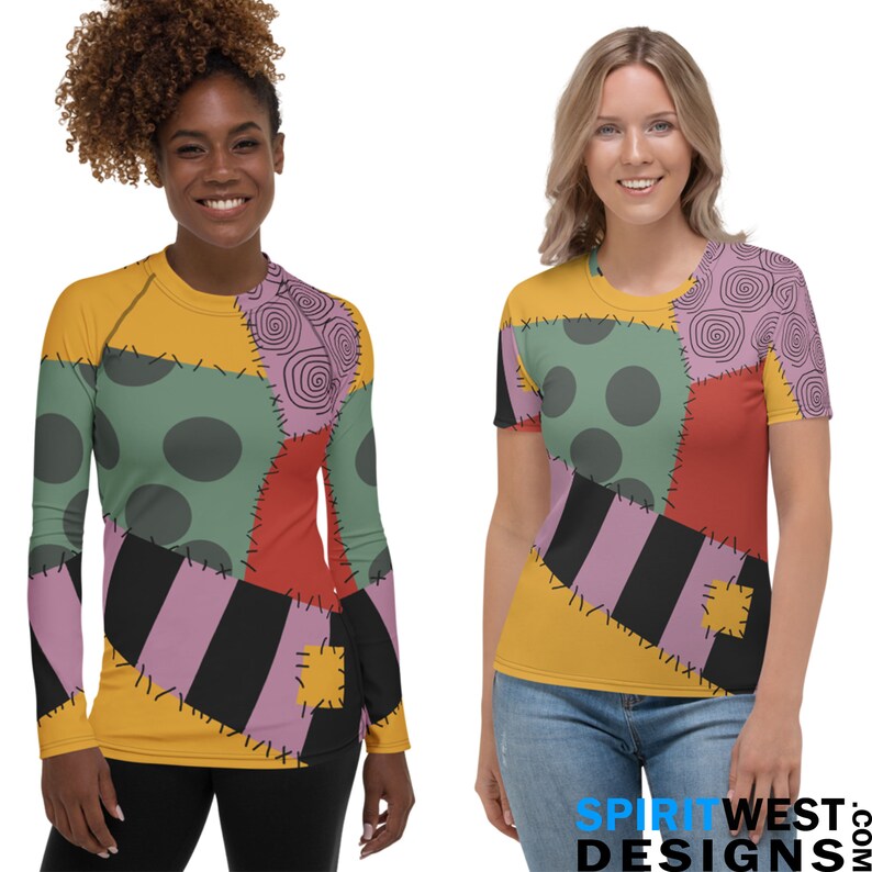 May include: Two women wearing long and short-sleeved shirts with a patchwork design featuring yellow, green, pink, red, and black colors. The design resembles the character Sally from the movie The Nightmare Before Christmas.