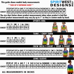 May include: Size chart for sports bras, tank tops, t-shirts, and long-sleeve shirts. The chart shows chest measurements in inches for sizes 2T, 3T, 4T, 5T, 6, 6X, 7, 8, 10, 12, 14, 16, 18, 20, XS, S, M, L, XL, 2XL, and 3XL.