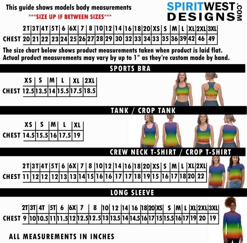 May include: Size chart for sports bras, tank tops, t-shirts, and long-sleeve shirts. The chart shows chest measurements in inches for sizes 2T, 3T, 4T, 5T, 6, 6X, 7, 8, 10, 12, 14, 16, 18, 20, XS, S, M, L, XL, 2XL, and 3XL.