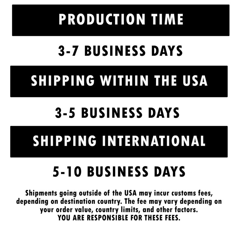 May include: Black and white graphic with the text "Production Time", "Shipping Within the USA", and "Shipping International". The graphic lists estimated production and shipping times in business days.