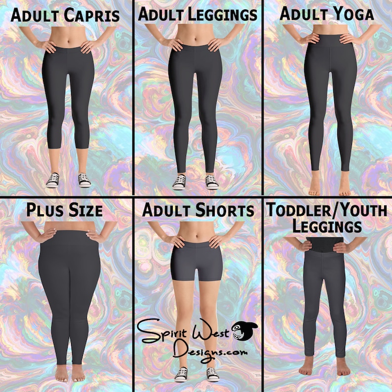Op de afbeelding: Zes verschillende stijlen leggings, capris, shorts en yogabroeken in zwart. De tekst "Adult Capris", "Adult Leggings", "Adult Yoga", "Plus Size", "Adult Shorts" en "Toddler/Youth Leggings" wordt boven elke stijl weergegeven. De tekst "Spirit West Designs.com" wordt onderaan de afbeelding weergegeven.