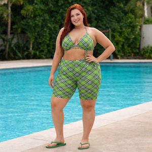 Plus Size Green Plaid Swimwear 50+ UPF Sun Protection UV Cheeky String Bikini High Waist Booty Shorts Pool Beach Swim Outfit Resort Vacation