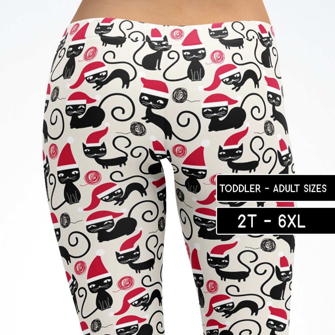 Christmas Cat Leggings Santa Kitty Capris Yoga Pants Shorts, Kids Adult