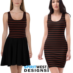 Vampire Skater Dress or Fitted Dress | Goth Girl Cosplay Bodycon Halloween Vampire Girl Costume | Woman Teen Costume | Orange Stripe Dress