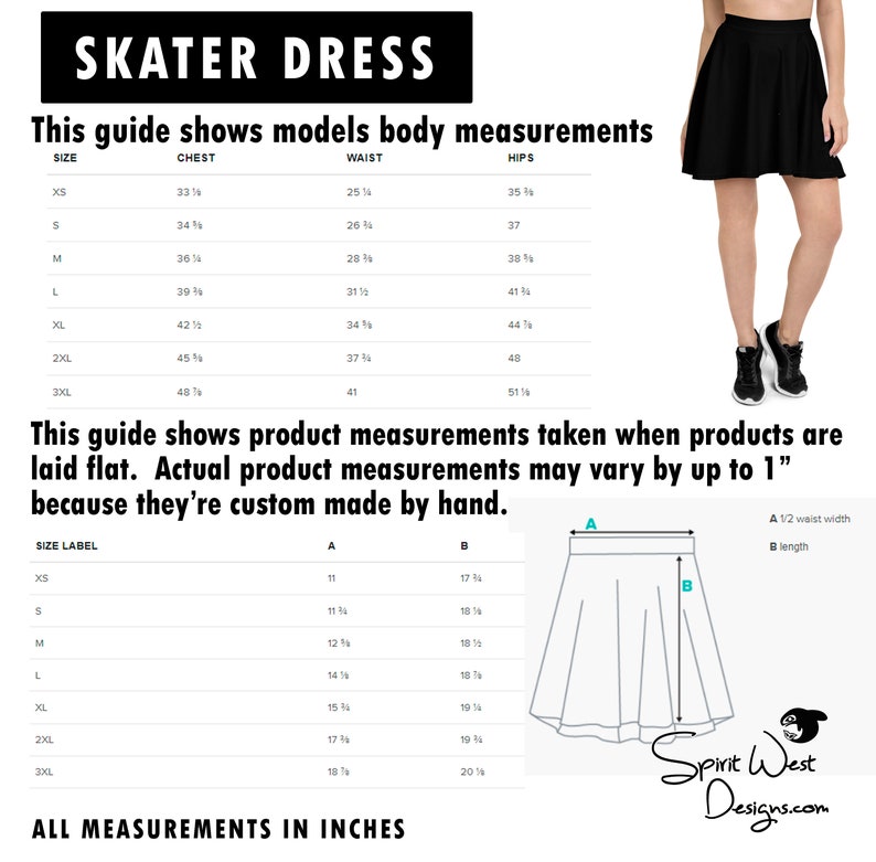May include: Size chart for a skater dress with measurements in inches for both the model's body and the product itself. The chart includes sizes XS to 3XL, with measurements for chest, waist, hips, and dress length.