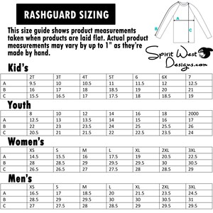 May include: A size chart for rashguards, showing measurements in inches for different sizes, including kids, youth, women's, and men's sizes. The chart includes measurements for the chest, waist, and length.
