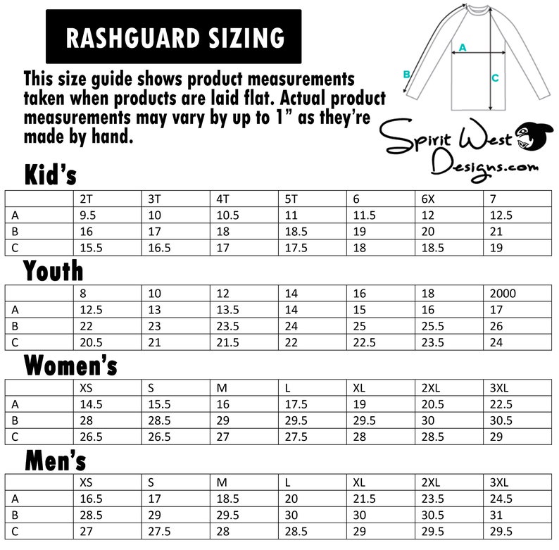 May include: A size chart for rashguards, showing measurements in inches for different sizes, including kids, youth, women's, and men's sizes. The chart includes measurements for the chest, waist, and length.