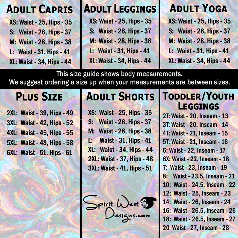 Op de afbeelding: Maattabel voor leggings, capris, shorts en yogabroeken voor volwassenen en peuters. De tabel toont de taille- en heupmaten in inches voor volwassenen en de taille- en binnenbeenmaten in inches voor peuters. De tabel bevat ook plusmaten voor volwassenen.