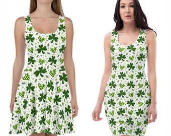 Puede incluir: Dos vestidos sin mangas con fondo blanco y un patrón de trébol y corazón verde. Los vestidos son ambos hasta la rodilla y tienen una silueta ajustada. El texto "SPIRITWEST DESIGNS.COM" es visible en la parte inferior de la imagen.