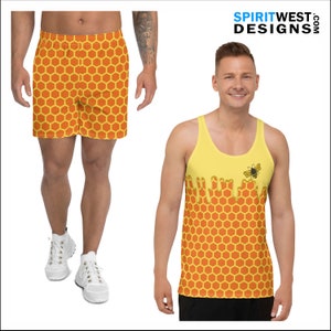 May include: A yellow tank top with a dripping honey design and a bee graphic. The tank top has a honeycomb pattern in orange and yellow. The tank top is paired with orange and yellow honeycomb patterned shorts.