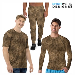 May include: Three different clothing items with a brown fur pattern. A long-sleeved shirt, a short-sleeved t-shirt, and a pair of sweatpants.