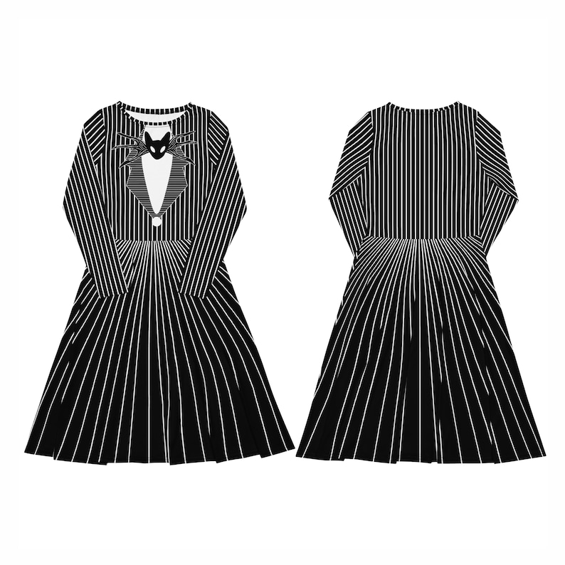 K&ouml;nnte beinhalten: Schwarz-wei&szlig; gestreiftes Kleid mit langen &Auml;rmeln und einer schwarzen Fliege mit Katzenkopf. Das Kleid hat einen taillierten Oberteil und einen ausgestellten Rock.