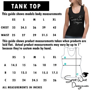 Op de afbeelding: Maattabel voor een tanktop met maten in inches. De tabel toont borst- en taillematen voor de maten XS, S, M, L en XL. Het toont ook de maten voor de lengte van de tanktop, aangeduid met A, B en C.