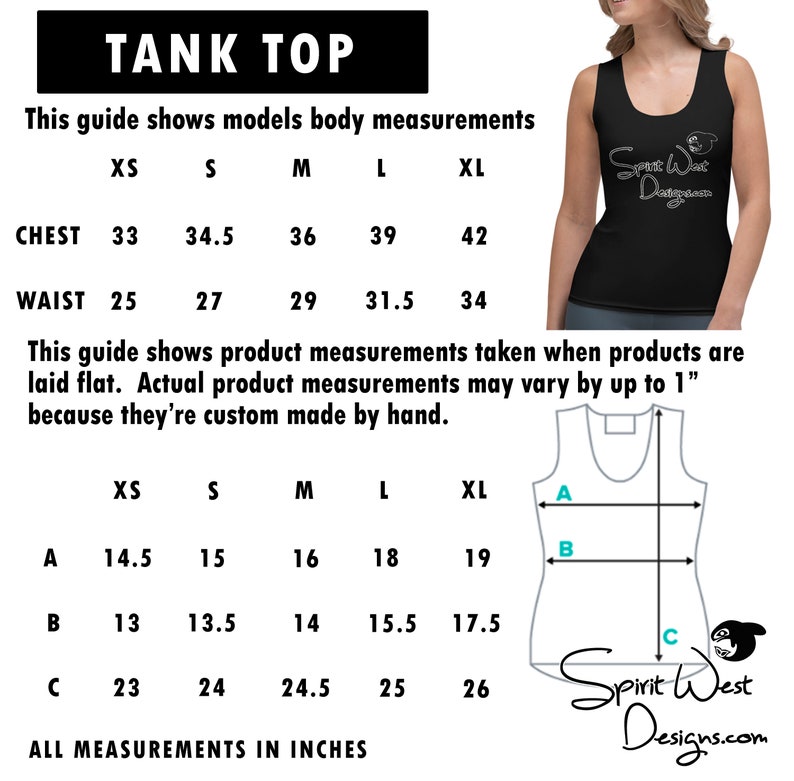 Op de afbeelding: Maattabel voor een tanktop met maten in inches. De tabel toont borst- en taillematen voor de maten XS, S, M, L en XL. Het toont ook de maten voor de lengte van de tanktop, aangeduid met A, B en C.