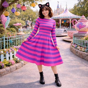pink and purple striped dress cheshire cat Cheshire Cat Striped Pink Purple Skater Dress, Woman Halloween Costume, Pink Purple Striped Cat Cosplay Outfit Party