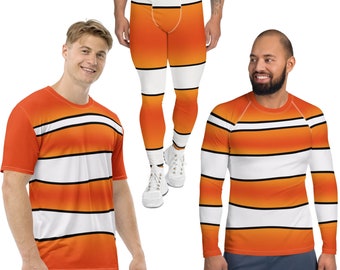 May include: Three different styles of clothing featuring an orange, white, and black striped pattern. The pattern resembles the stripes of a clownfish. The clothing includes a short-sleeved t-shirt, a long-sleeved shirt, and leggings.