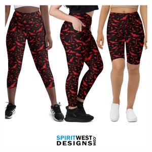 Halloween Leggings Red Bats Women&#39;s Plus Size Cosplay Dance Rave Running Costume High Waist Bike Shorts Yoga Capris Kids Toddler Pants