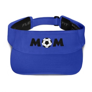 May include: A royal blue visor with a black and white soccer ball and the word "MOM" embroidered on the front.