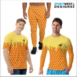 May include: Yellow t-shirt, long-sleeve shirt, and joggers with a honeycomb pattern. The top of the shirts have a dripping honey design with a bee graphic. The joggers have a honeycomb pattern. The text "SPIRITWEST DESIGNS" is in the top right corner.