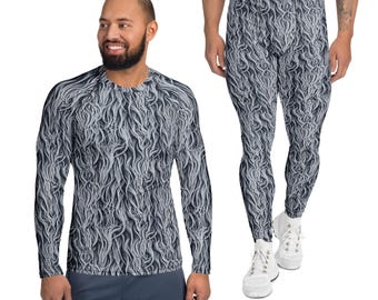Grey Faux Fur Printed Rash Guard & Leggings Set for Men, Hairy Wolf Gorilla Monkey Bear Costume, Halloween Cosplay Outfit Activewear Set
