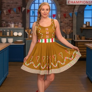 Gingerbread Cookie Costume Ginger Man Christmas Party Dress Skater Twirly Sleeveless Tank Cosplay Dance Plus size Holiday Bounding Gift