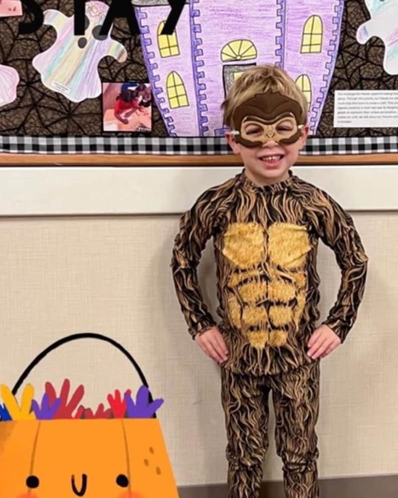 Kids Big Foot Costume Gorilla Sasquatch Brown Fur Activewear Dress Up Cosplay Halloween Dance Running T-shirt Long Sleeve Swim Shirt UPF50+ afbeelding 1