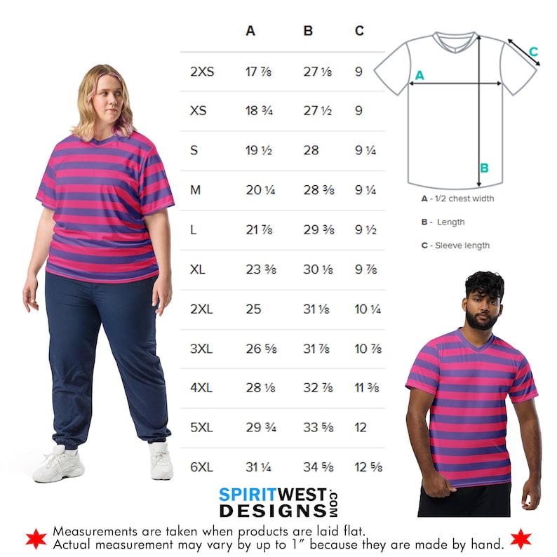 Puede incluir: Una persona lleva una camiseta de rayas rosas y moradas y un pantal&oacute;n deportivo azul marino. Una segunda persona lleva una camisa similar. La imagen incluye una tabla de tallas y el texto "SPIRITWEST DESIGNS".