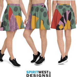 May include: A colorful patchwork skirt with a green, yellow, red, and purple design. The skirt has a flared silhouette and is made of a soft, comfortable fabric.
